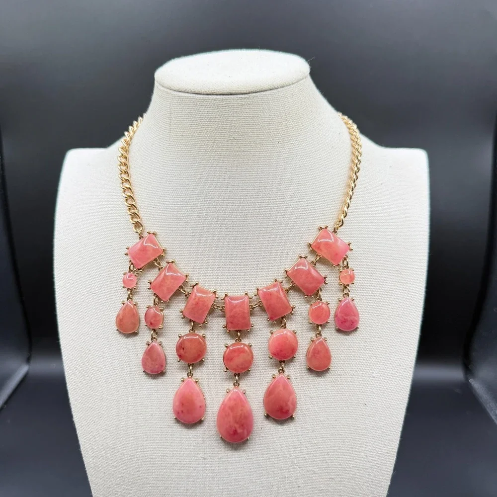 Pink Cabochon Statement Necklace Gold Tone Teardrop Fringe Bib Boho Romantic